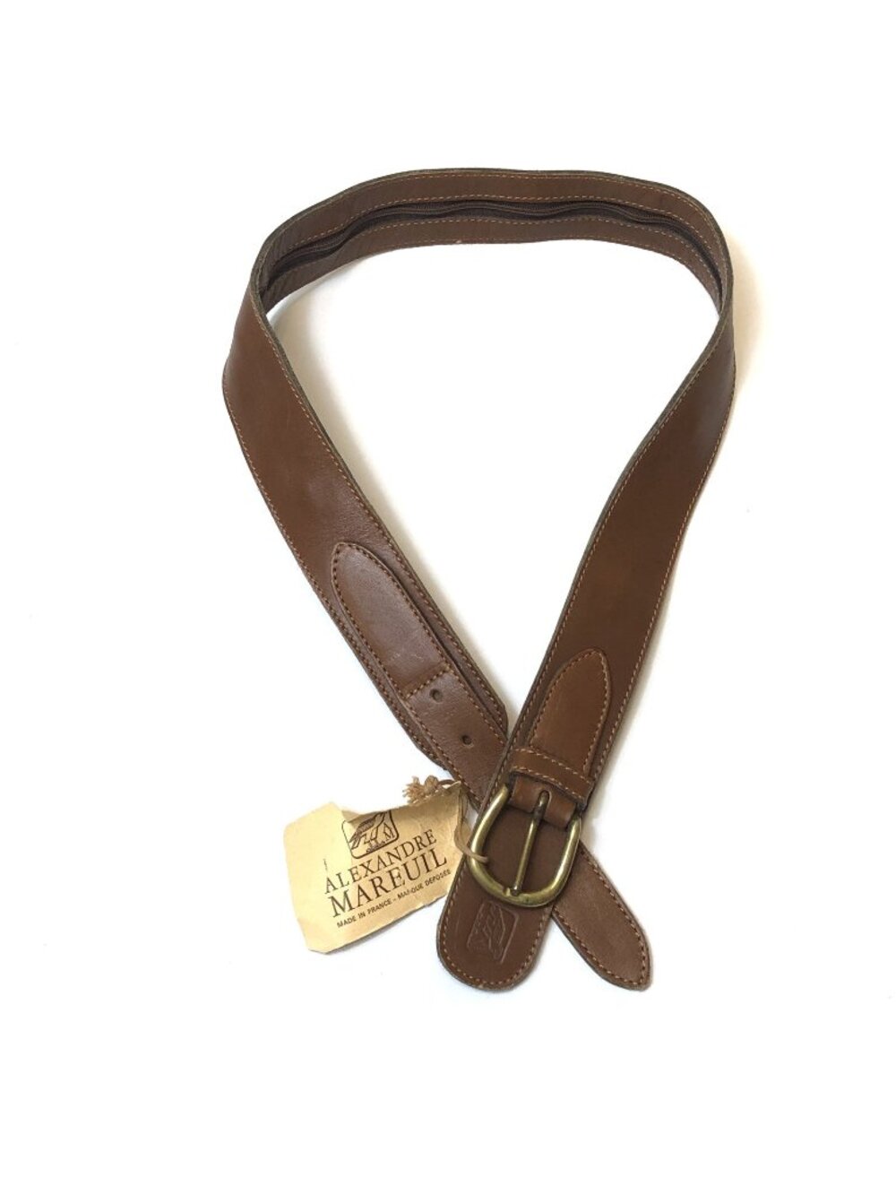 Alexandre Maeruil Mens Brown Hidden Zipper Leather Travel Belt Size 90 New Tag